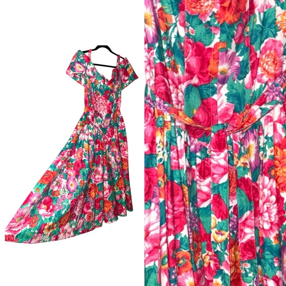 Vintage Dresses & Skirts - VINTAGE Floral Fit & Flare Off Shoulder Party Dress